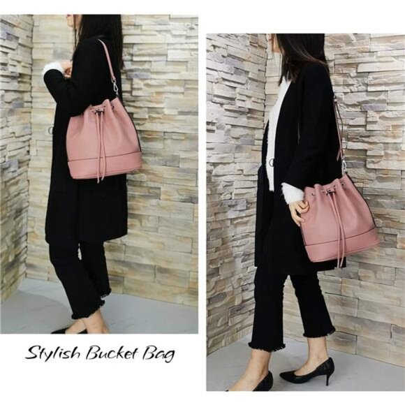 Bucket Bags and Drawstring with 2 Shoulder Straps Pink - Picture 2 of 6